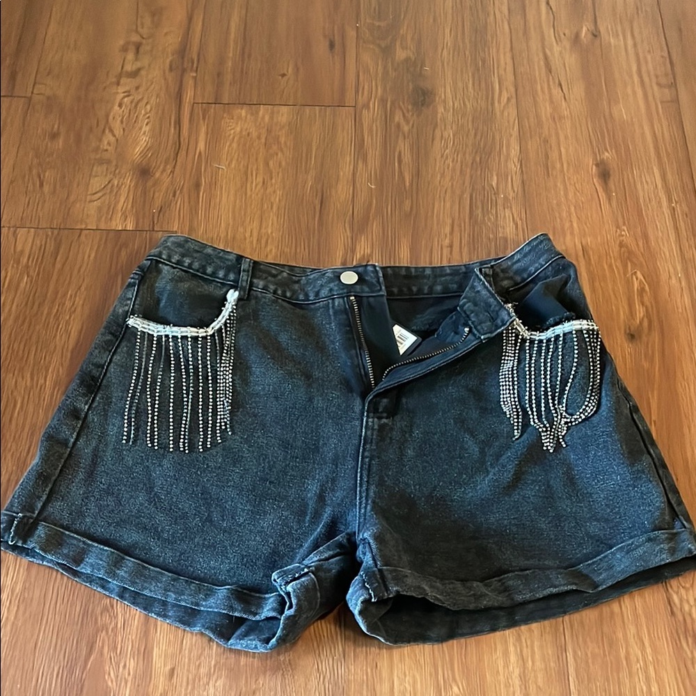 Black Denim Shorts with Fringe Detail